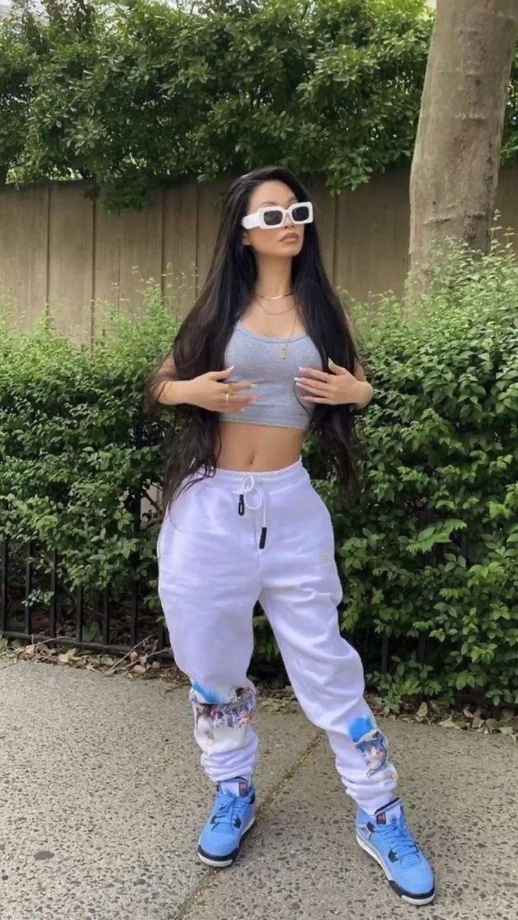 Gray Crop Top with White Joggers and Blue Jordans